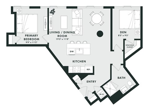 Floor plan for 1 bed, 1 bath, 884 sqft